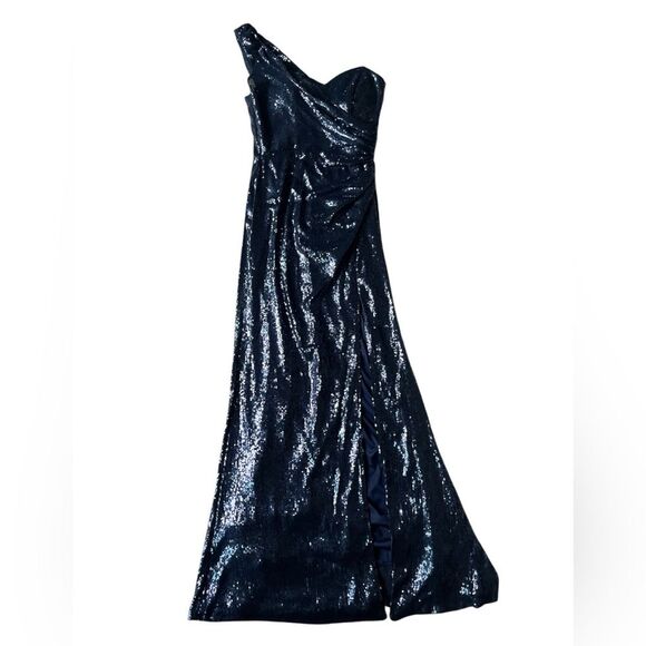 VINTAGE CACHE NAVY SEQUINED ONE SHOULDER EVENING GOWN DRESS SIZE 4 - Picture 1 of 6